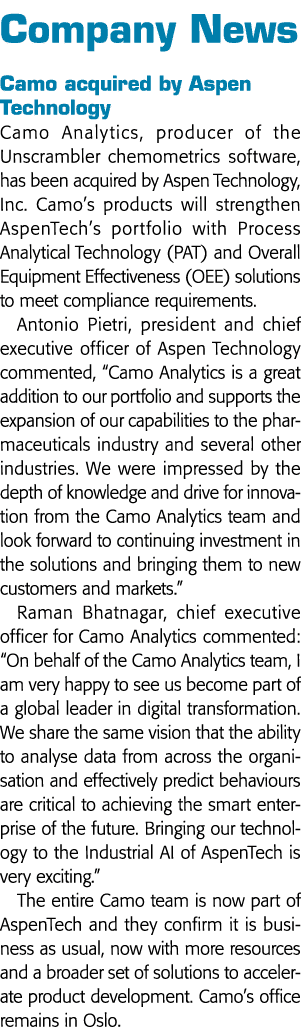 Company News Camo acquired by Aspen Technology Camo Analytics, producer of the Unscrambler chemometrics software, has   