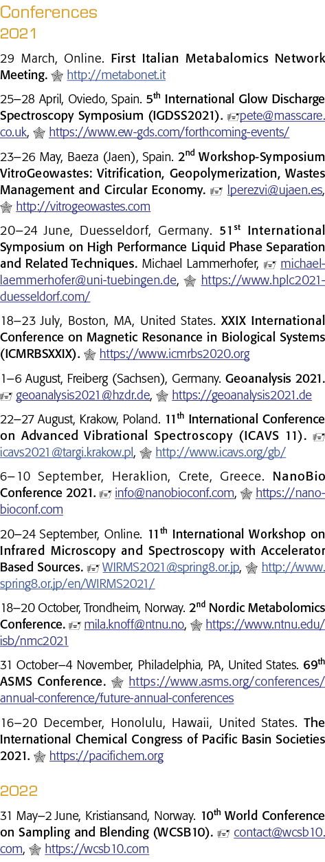 Conferences 2021 29 March, Online  First Italian Metabalomics Network Meeting    http:  metabonet it 25 28 April, Ovi   