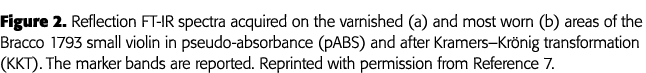 Figure 2  Reflection FT-IR spectra acquired on the varnished (a) and most worn (b) areas of the Bracco 1793 small vio   