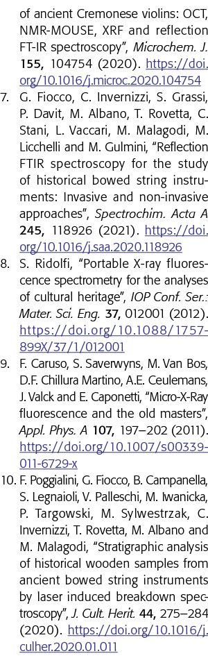 of ancient Cremonese violins: OCT, NMR-MOUSE, XRF and reflection FT-IR spectroscopy , Microchem  J  155, 104754 (2020   