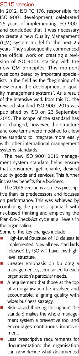 2015 version In 2012, ISO TC 176, responsible for ISO 9001 development, celebrated 25 years of implementing ISO 9001    
