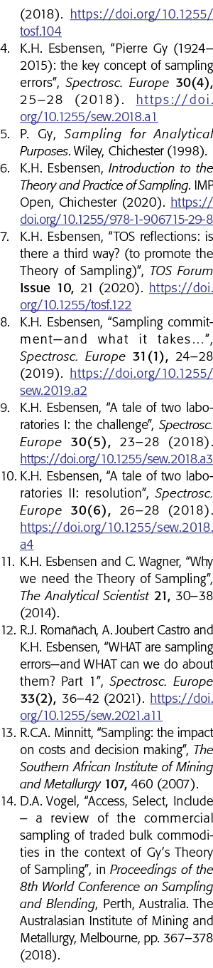 (2018)  https:  doi org 10 1255 tosf 104 4  K H  Esbensen,  Pierre Gy (1924 2015): the key concept of sampling errors   
