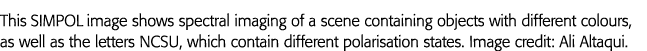 This SIMPOL image shows spectral imaging of a scene containing objects with different colours, as well as the letters   