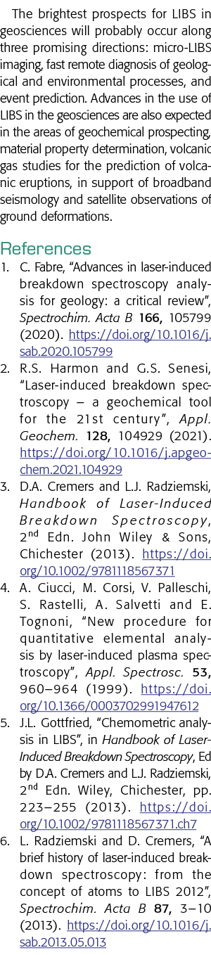 The brightest prospects for LIBS in geosciences will probably occur along three promising directions: micro-LIBS imag   