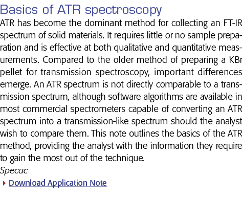 Basics of ATR spectroscopy ATR has become the dominant method for collecting an FT-IR spectrum of solid materials  It   