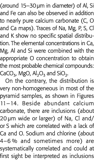 (around 15 30  m in diameter) of Al, Si and Fe can also be observed in addition to nearly pure calcium carbonate (C,    