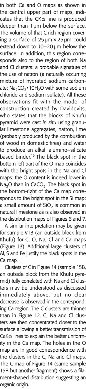 in both Ca and O maps as shown in the central upper part of maps, indicates that the CKa line is produced deeper than   