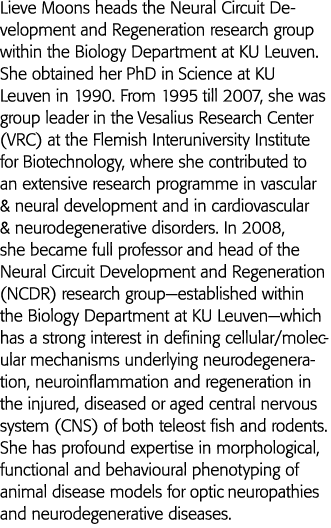 Lieve Moons heads the Neural Circuit Development and Regeneration research group within the  Biology Department at KU   
