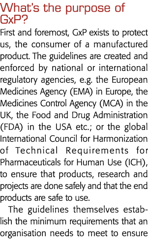 What s the purpose of GxP  First and foremost, GxP exists to protect us, the consumer of a manufactured product  The    