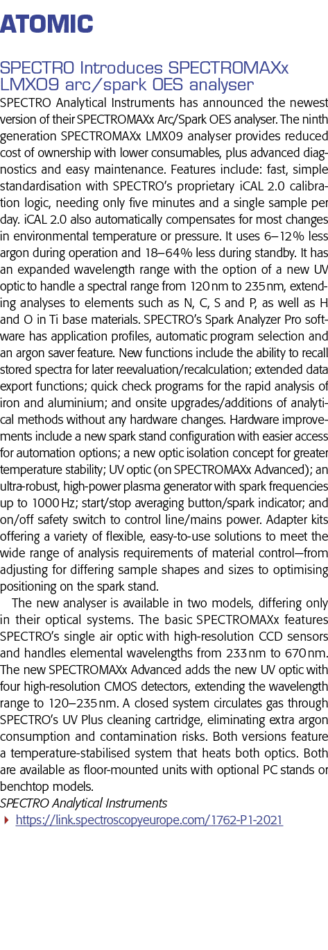Atomic SPECTRO Introduces SPECTROMAXx LMX09 arc spark OES analyser SPECTRO Analytical Instruments has announced the n   