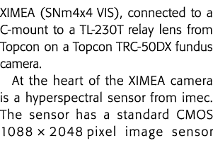 XIMEA (SNm4x4 VIS), connected to a C-mount to a TL-230T relay lens from Topcon on a Topcon TRC-50DX fundus camera  At   