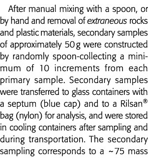 After manual mixing with a spoon, or by hand and removal of extraneous rocks and plastic materials, secondary samples   