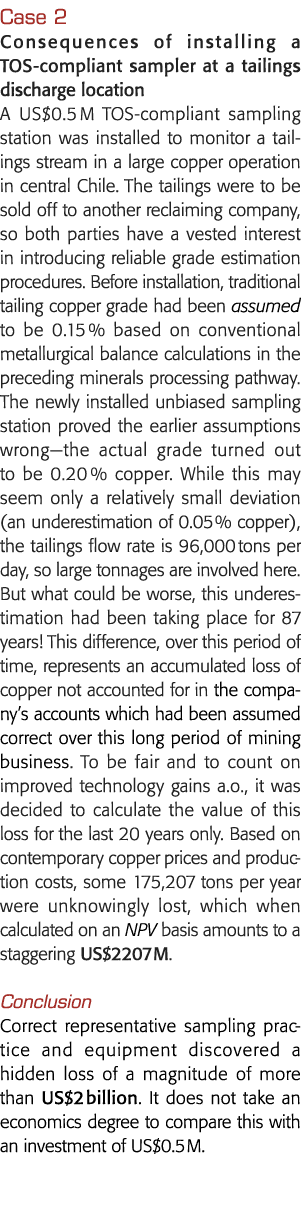 Case 2 Consequences of installing a TOS-compliant sampler at a tailings discharge location A US 0 5 M TOS-compliant s   