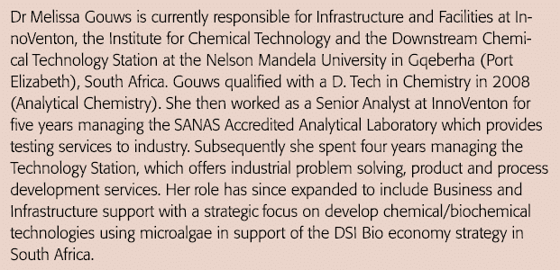 Dr Melissa Gouws is currently responsible for Infrastructure and Facilities at InnoVenton, the Institute for Chemical   