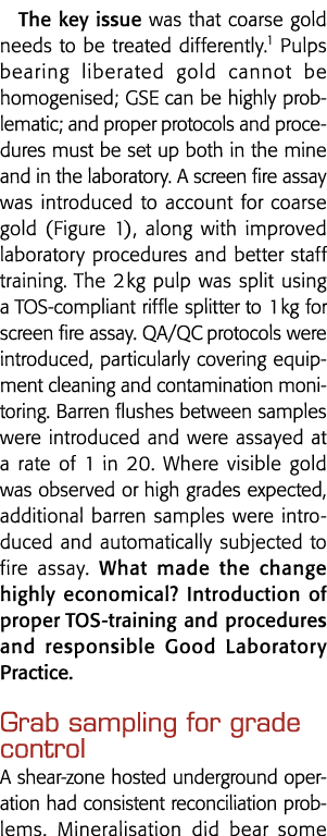 The key issue was that coarse gold needs to be treated differently 1 Pulps bearing liberated gold cannot be homogenis   