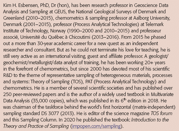 Kim H  Esbensen, PhD, Dr (hon), has been research professor in Geoscience Data Analysis and Sampling at GEUS, the Nat   