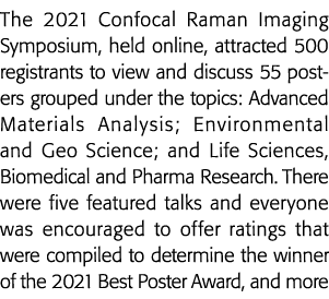 The 2021 Confocal Raman Imaging Symposium, held online, attracted 500 registrants to view and discuss 55 posters grou   