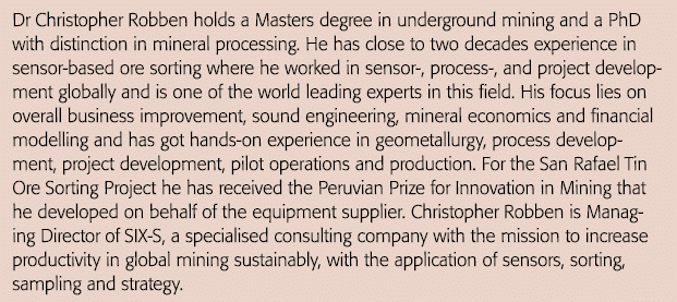 Dr Christopher Robben holds a Masters degree in underground mining and a PhD with distinction in mineral processing     