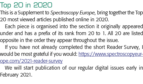 Top 20 in 2020 This is a Supplement to Spectroscopy Europe, bring together the Top 20 most viewed articles published    