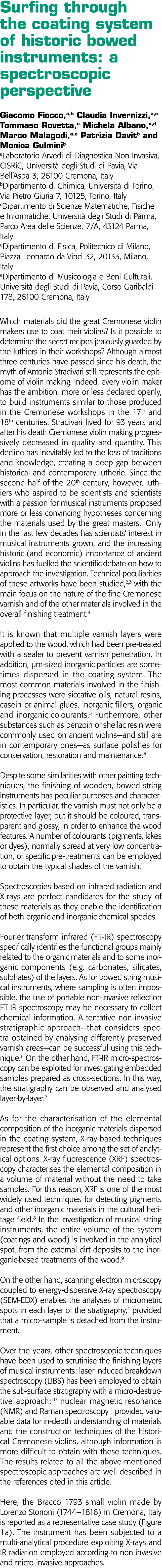 Surfing through the coating system of historic bowed instruments: a spectroscopic perspective Giacomo Fiocco,a,b Clau   