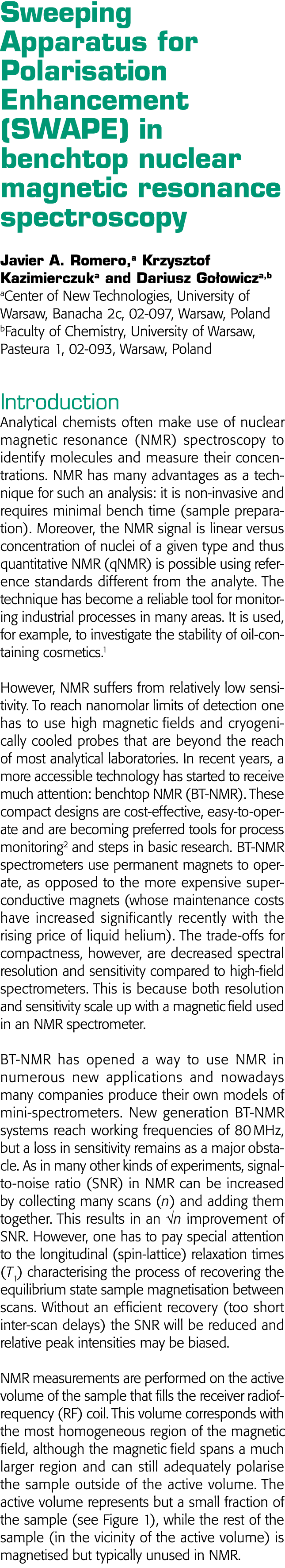 Sweeping Apparatus for Polarisation Enhancement (SWAPE) in benchtop nuclear magnetic resonance spectroscopy Javier A    