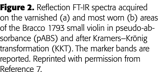 Figure 2  Reflection FT-IR spectra acquired on the varnished (a) and most worn (b) areas of the Bracco 1793 small vio   