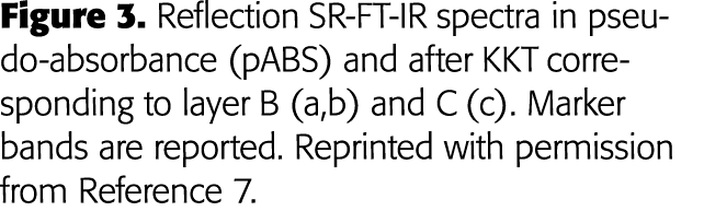 Figure 3  Reflection SR-FT-IR spectra in pseudo-absorbance (pABS) and after KKT corresponding to layer B (a,b) and C    