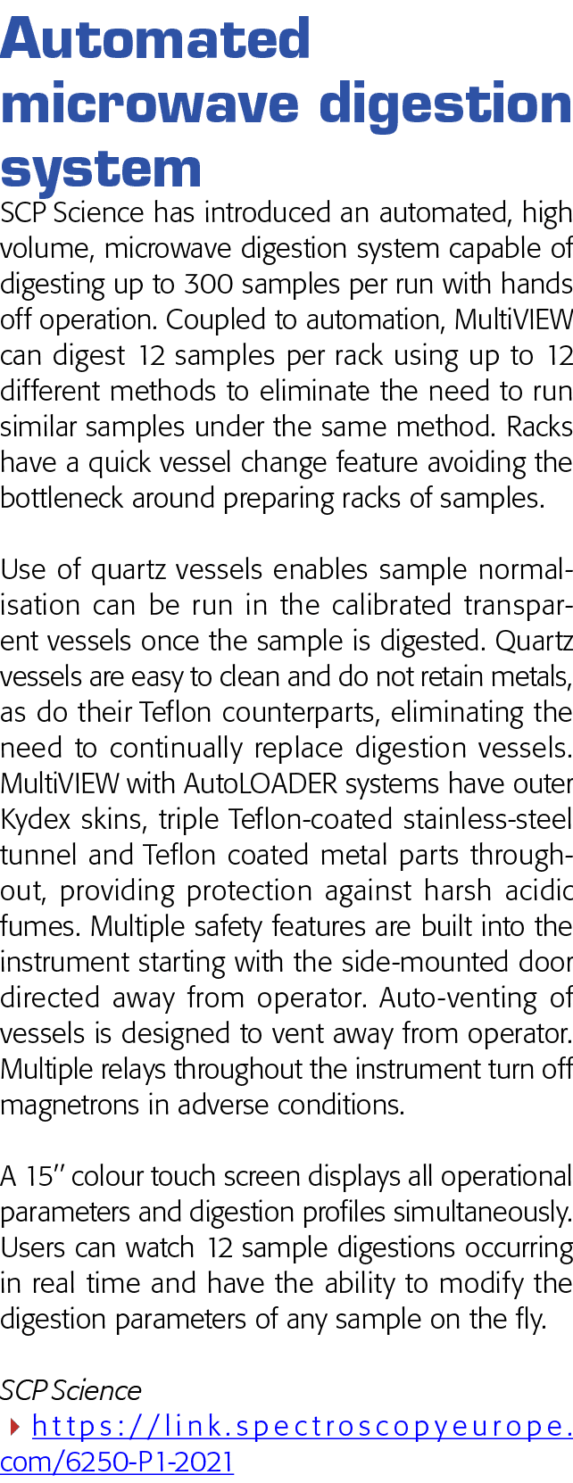 Automated microwave digestion system SCP Science has introduced an automated, high volume, microwave digestion system   