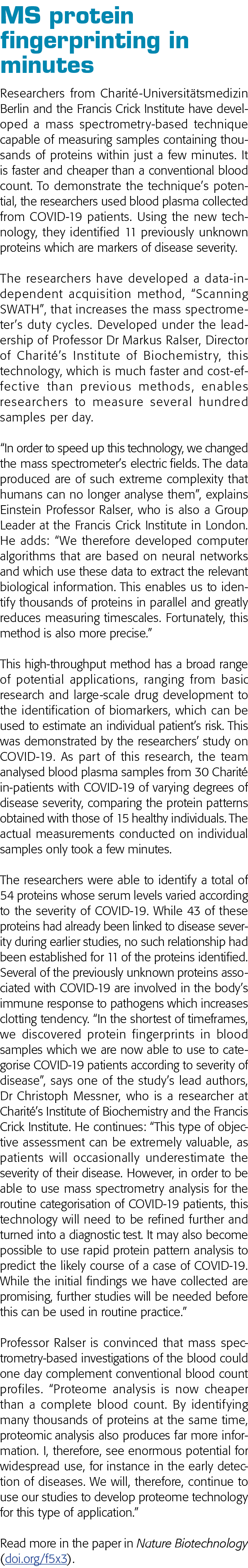 MS protein fingerprinting in minutes Researchers from Charité-Universitätsmedizin Berlin and the Francis Crick Instit   