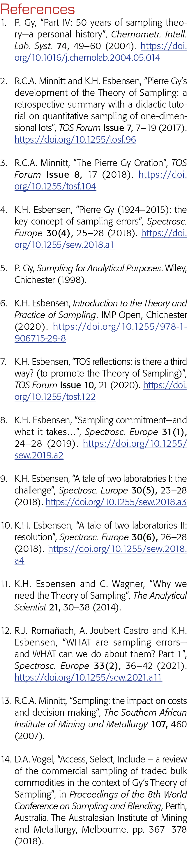 References 1  P  Gy,  Part IV: 50 years of sampling theory—a personal history , Chemometr  Intell  Lab  Syst  74, 49    