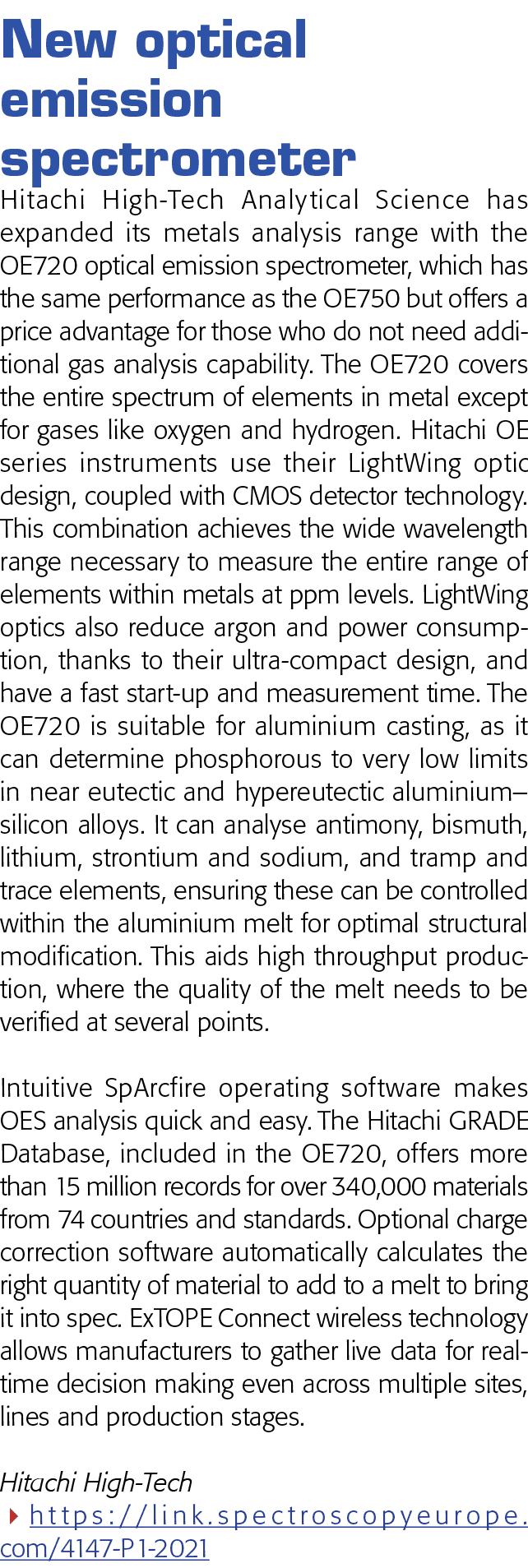 New optical emission spectrometer Hitachi High-Tech Analytical Science has expanded its metals analysis range with th   