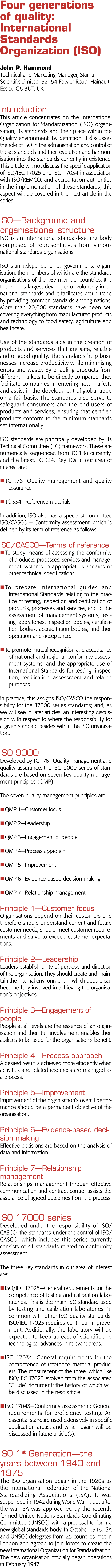 Four generations of quality: International Standards Organization (ISO) John P  Hammond Technical and Marketing Manag   