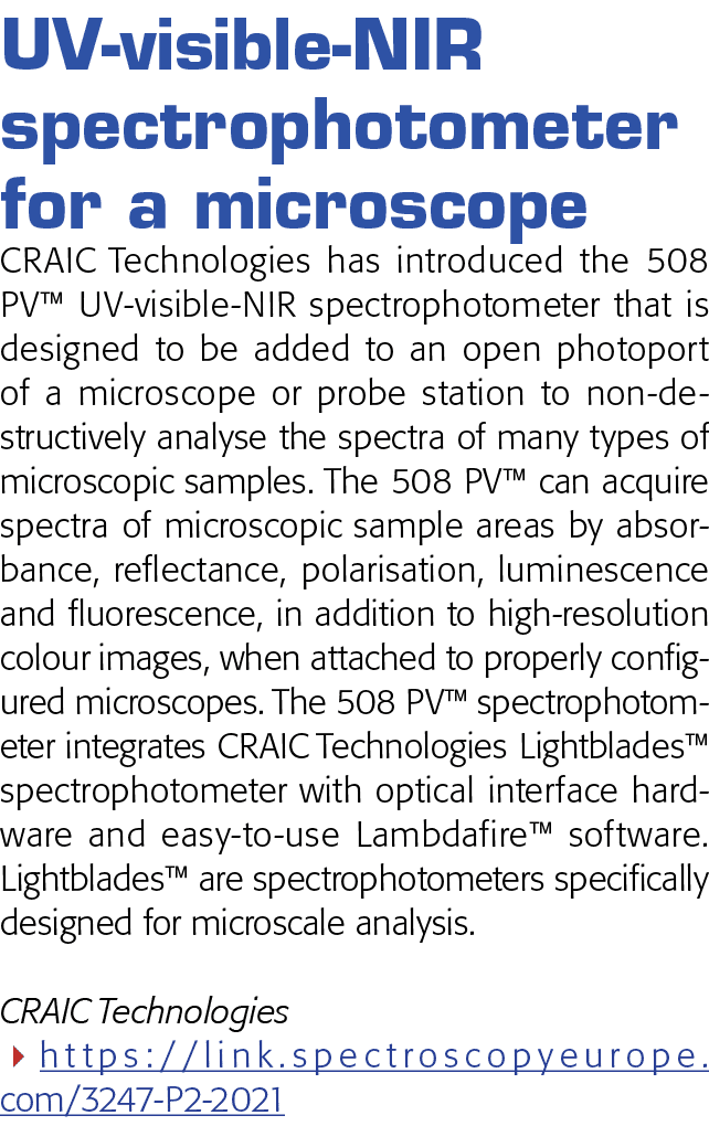 UV-visible-NIR spectrophotometer for a microscope CRAIC Technologies has introduced the 508 PV  UV-visible-NIR spectr   