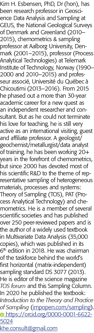 Kim H  Esbensen, PhD, Dr (hon), has been research professor in Geoscience Data Analysis and Sampling at GEUS, the Nat   