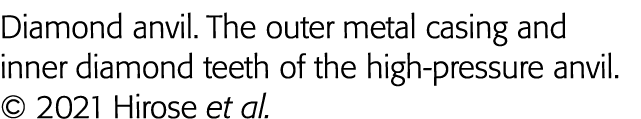Diamond anvil  The outer metal casing and inner diamond teeth of the high-pressure anvil    2021 Hirose et al 