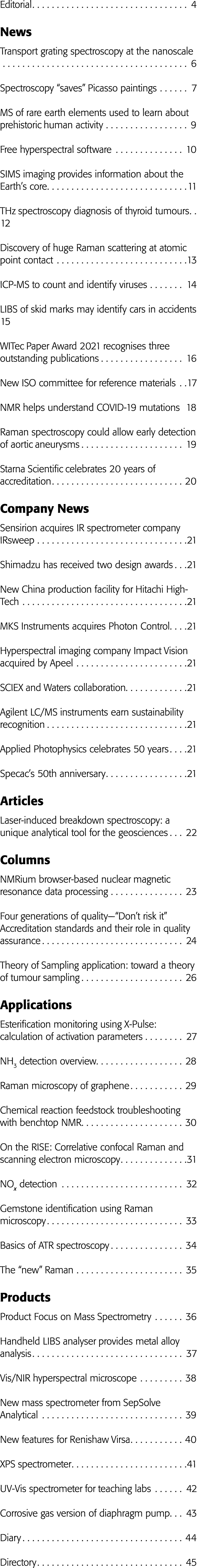 Editorial 4 News Transport grating spectroscopy at the nanoscale 6 Spectroscopy  saves  Picasso paintings 7 MS of rar   