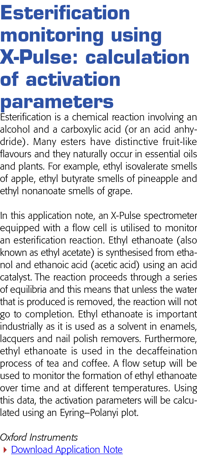 Esterification monitoring using X-Pulse: calculation of activation parameters Esterification is a chemical reaction i   