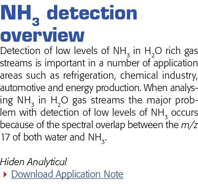 NH3 detection overview Detection of low levels of NH3 in H2O rich gas streams is important in a number of application   