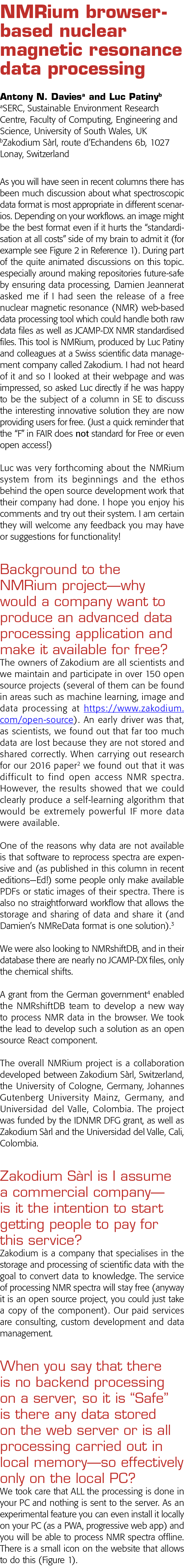 NMRium browser-based nuclear magnetic resonance data processing  Antony N  Daviesa and Luc Patinyb aSERC, Sustainable   