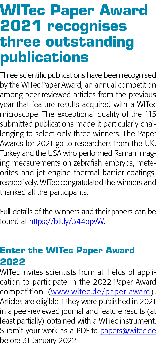 WITec Paper Award 2021 recognises three outstanding publications Three scientific publications have been recognised b   