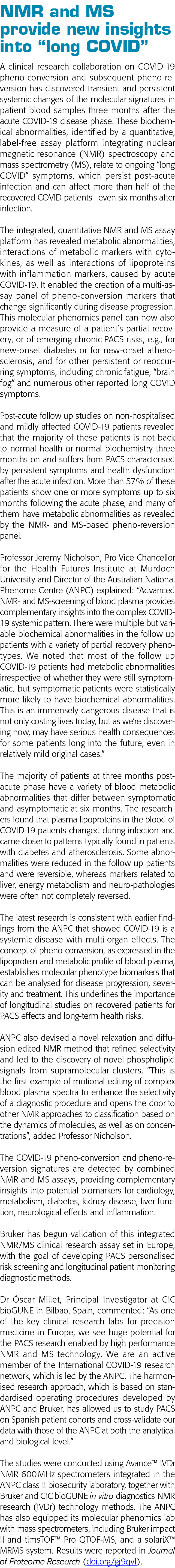 NMR and MS provide new insights into  long COVID  A clinical research collaboration on COVID-19 pheno-conversion and    