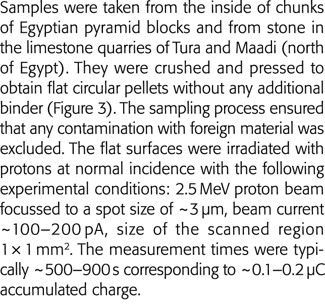 Samples were taken from the inside of chunks of Egyptian pyramid blocks and from stone in the limestone quarries of T   