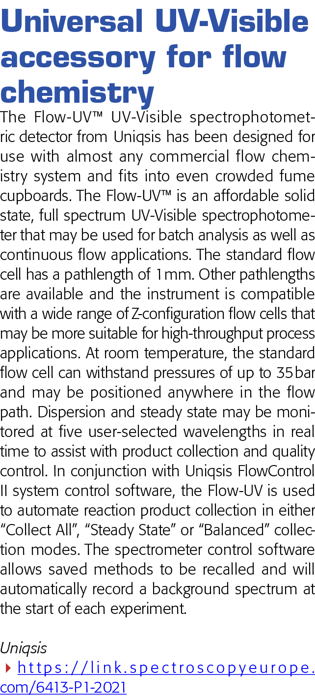 Universal UV-Visible accessory for flow chemistry The Flow-UV  UV-Visible spectrophotometric detector from Uniqsis ha   