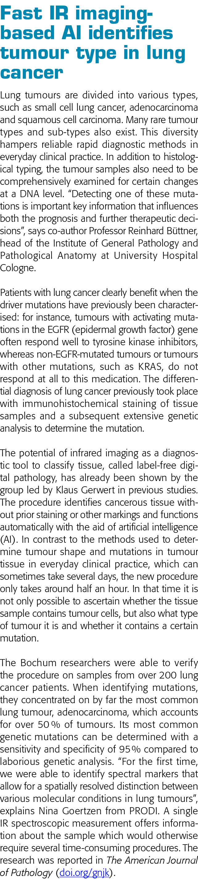 Fast IR imaging-based AI identifies tumour type in lung cancer Lung tumours are divided into various types, such as s   
