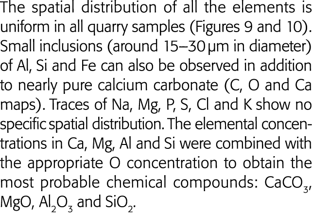 The spatial distribution of all the elements is uniform in all quarry samples (Figures 9 and 10)  Small inclusions (a   