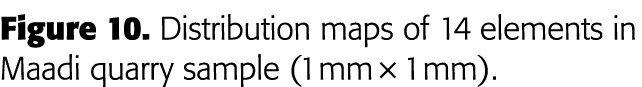 Figure 10  Distribution maps of 14 elements in Maadi quarry sample (1 mm   1 mm) 