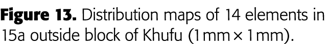 Figure 13  Distribution maps of 14 elements in 15a outside block of Khufu (1 mm   1 mm) 