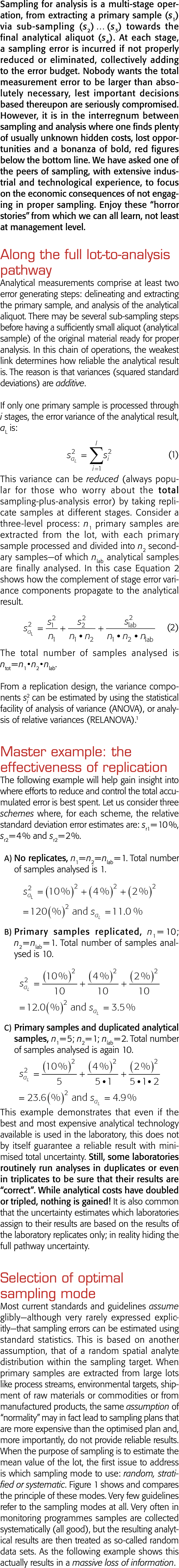 Sampling for analysis is a multi-stage operation, from extracting a primary sample (s1) via sub-sampling (s2)   (s3)    