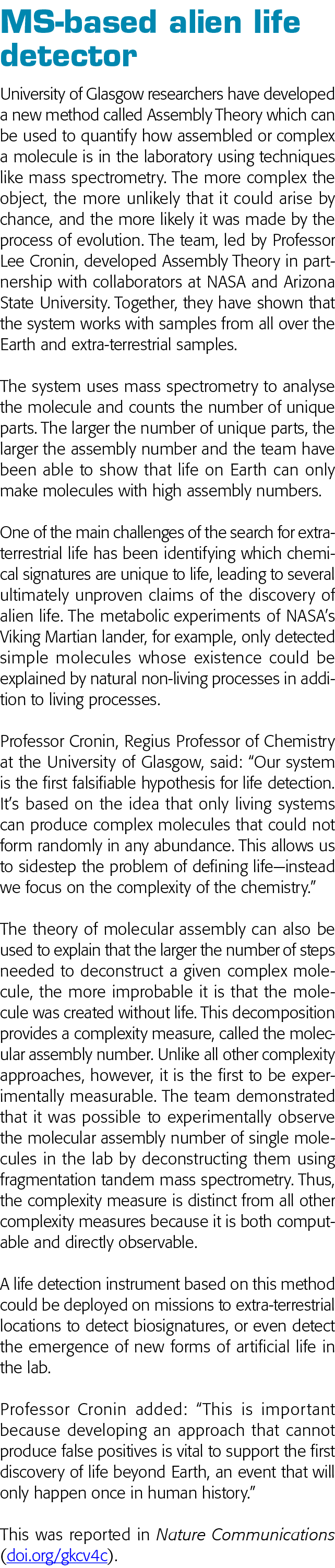 MS-based alien life detector University of Glasgow researchers have developed a new method called Assembly Theory whi   
