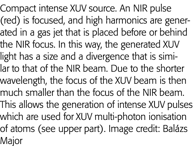 Compact intense XUV source  An NIR pulse (red) is focused, and high harmonics are generated in a gas jet that is plac   